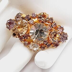 Karu Arke Crystal Rhinestone Brooch Gold Tone Signed 1.5"